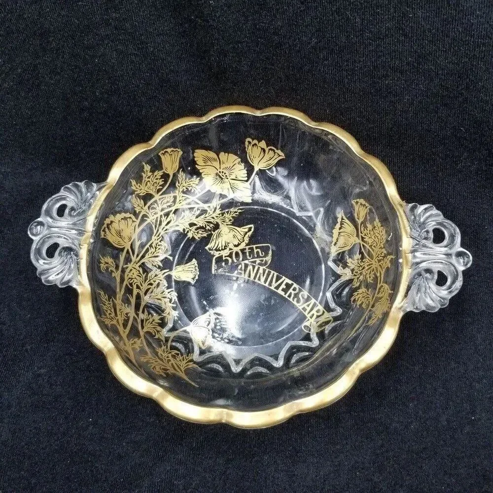 50th Anniversary Crystal Bowl Silver City Glass Platter 22K Gold Handles